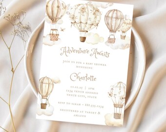 Adventure Awaits Pastel Pink Baby Shower Invitation Girl | Digital Canva Template Download 5x7in