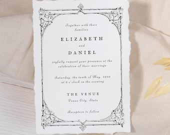Vintage Charcoal Frame Wedding Invitation | Digital Canva Template Download | Antique + Vintage + Moody + Elegant + Timeless + 5x7in