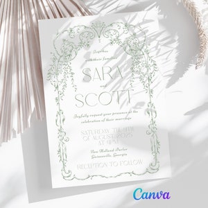 Whimsical Greenery Wedding Invitation | Digital Canva Template Download | Antique + Vintage + Art Deco + Timeless + Whimsical + Elegant 5x7