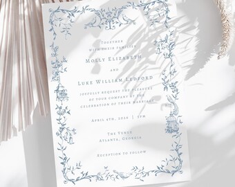 Romantic Dusty Blue Love Birds Wedding Invitation | Digital Canva Template Download | Antique + Vintage + Timeless + Whimsical + Elegant 5x7