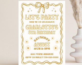 Cream Ribbon & Flowers Retro Birthday Party Invitation | Digital Canva Template Download 5x7in