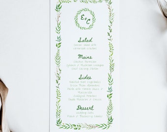 Playful Garden Watercolor Wedding Reception Rehearsal Menu | Digital Canva Template Download | Floral+Watercolor+Elegant+Greenery  4x8.5in