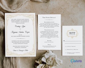 Timeless Vintage Gold Frame Wedding Invitation Suite | Digital Canva Template Download | Invitation + Details + RSVP | Vintage+Whimsical