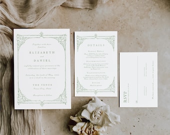 Greenery Vintage Frame Wedding Invitation Suite | Digital Canva Template Download | 5x7 Invitation + 4x6 Details + 5x3.5 RSVP