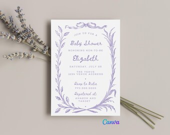 Lavender Wreath Baby Shower Invitation Template | Digital Canva File Download | Bold + Modern + Fun + Wreath + Ribbon