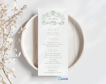 Whimsical Greenery Wedding Reception Rehearsal Menu | Digital Canva Template Download | Antique+Vintage+Art Deco+Elegant+Timeless  4x8.5in