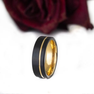 8mm Matte Black Tungsten Wedding Band With Gold Groove - Gold Wedding Band - Mens Ring - Brushed Black Band - Anniversary Gift for Him