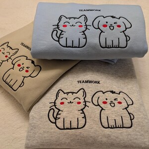 Teamwork embroidered sweatshirt, kawaii cat and dog, embroidery cute print, animal friendship jumper, original design embroidered, cute cat
