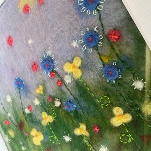 Wet Felted Wool Painting Meadow Flowers Embroidered Folk Art Sunny Framed Picture Gift