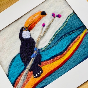 Needle Felt & Embroidered Toucan Picture Wool Painting Framed Handmade Jungle Animal Colourful Theme Natural Fibres Quirky Gift
