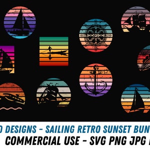 Op de afbeelding: Tien kleurrijke retro zonsondergangontwerpen met verschillende zeil- en nautische thema's, waaronder zeilboten, schepen, ankers en een stuurwiel. Deze ontwerpen zijn perfect voor het maken van digitale of fysieke ambachten, zoals T-shirts, mokken, stickers en meer.