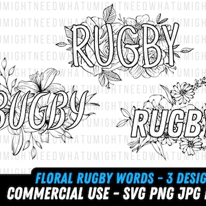 Bundle de rugby SVG | Rugby floral png | Fichier numérique des joueurs de rugby | Rugby svg | Entraîneur de rugby | Rugby floral imprimable | Forfait rugby