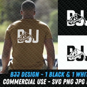 Könnte beinhalten: Ein braunes T-Shirt mit einer weißen Grafik von zwei Personen in einer brasilianischen Jiu-Jitsu-Grappling-Position mit dem Text "BJJ" darüber. Das Bild wird neben zwei Versionen der Grafik gezeigt, eine in Schwarz und eine in Weiß.