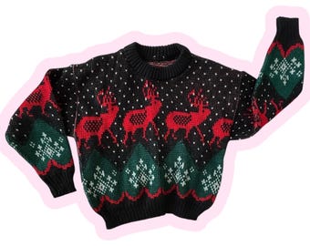 Size 8, Vintage Kids Reindeer Black Christmas Sweater