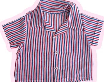 Camisa vintage retro de los años 60 a rayas rojas, blancas y azules con botones, talla 6-9 M
