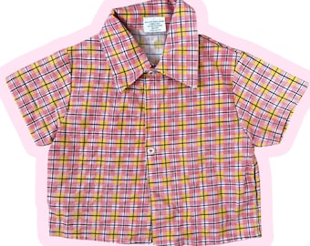 12M Vintage 50s Red & Yellow Grid Plaid Button Up Baby Retro Shirt