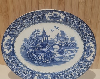 Small Vintage Antique Alton Ware Willow Pattern Platter Oval Plate Blue & White Ironstone