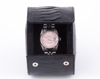 Luxury Ostrich Leather Travel Watch Roll in Black Luxury Single