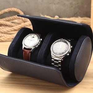 Watch Roll in navy blue for 2 | Double Travel watch roll | leather watch box | Watch travel case | Leather watch pouch, uhrenrolle