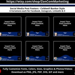 May include: A digital product featuring six social media post footers in a Coldwell Banker style. Each footer has a dark blue design with space to insert content, name, and contact information. The product is customizable with fonts, colors, sizes, graphics, and photos.