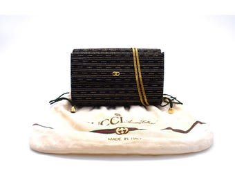 GUCCI Micro GG Canvas Schultertasche aus den 70er Jahren, schwarz-golden