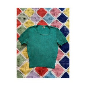 70s square neckline TOP knitted T-SHIRT