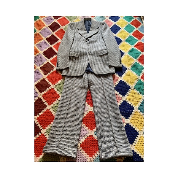 Traje UNISEX BOUCLE' de lana PSICODÉLICA de los años 70 crema/azul (disponible en tallas S y M)
