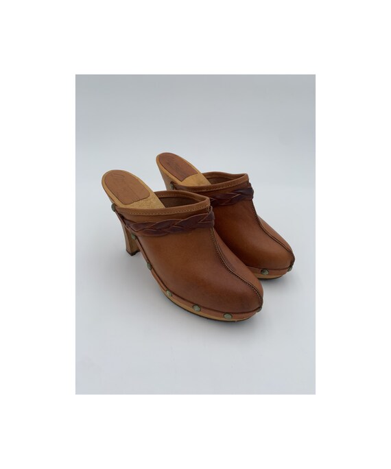 70s Platform Sabot Brown Leather Wooden Wedges Available in Size