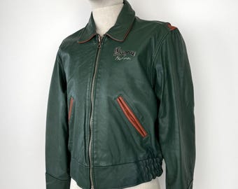 90s CHEVIGNON Green Leather Varsity Jacket - Etsy