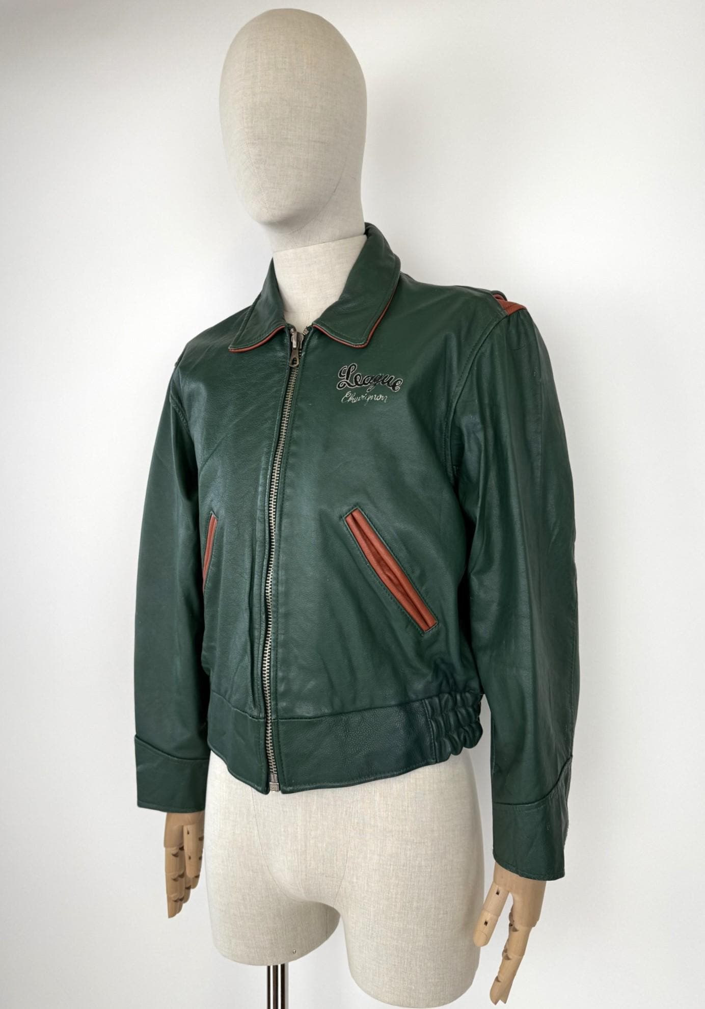 90s CHEVIGNON Green Leather Varsity Jacket - Etsy