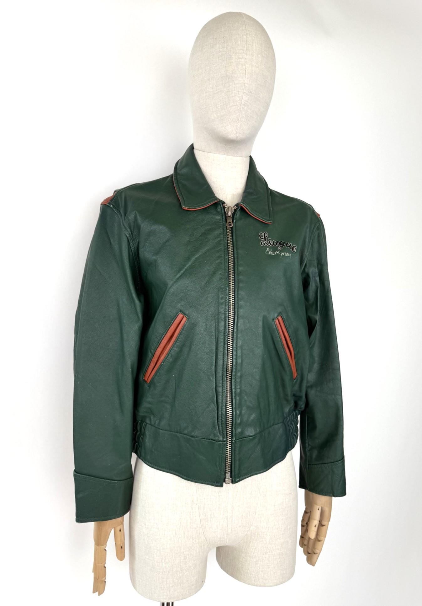 90s CHEVIGNON Green Leather Varsity Jacket - Etsy