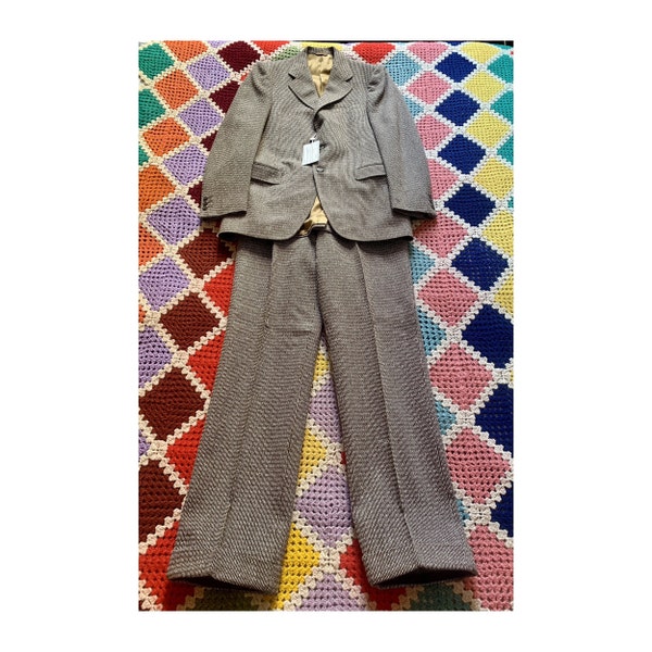 Traje de HOMBRE años 70 PSICODÉLICO lana CREPE crema/marrón (disponible en talla M y L)