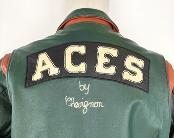 90s CHEVIGNON Green Leather Varsity Jacket - Etsy