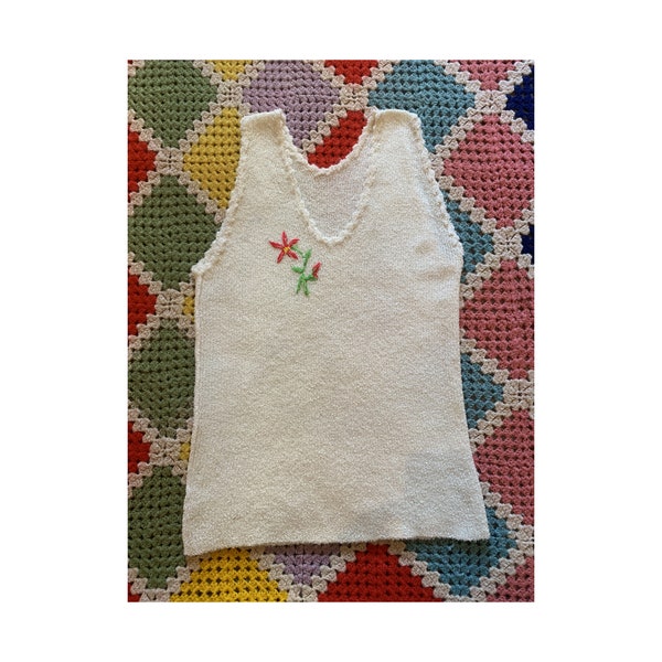 70s lovely FLOREAL softy EMBROIDERED cotton TANK_TOP