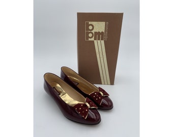 70s DEADSTOCK velvet bow PURPLE_RED patent leather BALLERINAS shoes size 37EU - 4UK
