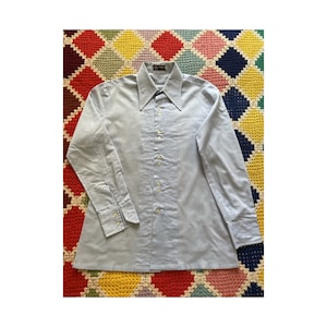 70s pastel light blue PLEATED cotton POINTED_COLLAR man SHIRT
