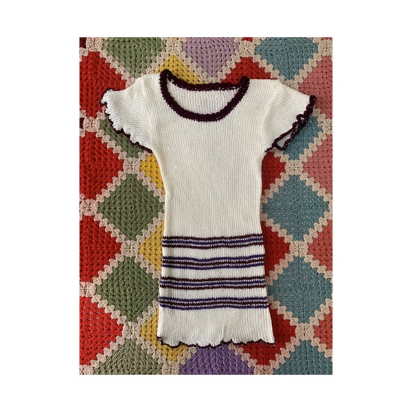 70s lovely STRIPED cropped slim COTTON bouclé TOP