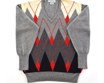 Vintage 80s Puritan V-neck Sweater - Red/blue/tan - XL - New With 