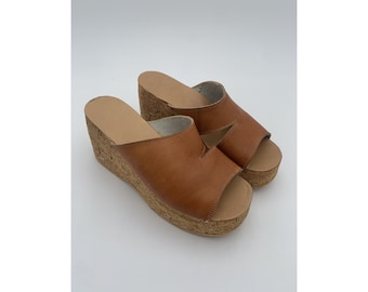 70s mules NUT_BROWN leather CORK_WEDGES size 38EU - 5UK