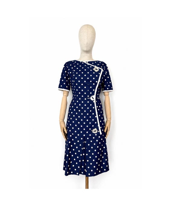blue polka dot 50s dress 1940s 1950s Polka Dot Navy Blue Cocktail Dress