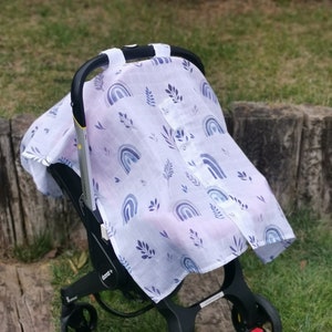 Capa de musselina para carrinho de bebê, capota para assento de carro, algodão orgânico com estampa de arco-íris, capa para carrinho de bebê, presente para bebê, capa para assento de carro, musselina