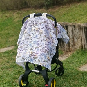 Capa para carrinho de bebê, capota para assento de carro azul floral, capa de musselina para assento de carro, presente orgânico para chá de bebê, capa leve para carrinho de bebê, bebê de verão
