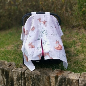 Capa de musselina com estampa animal para carrinho de bebê, capa de assento de carro feita à mão, capa orgânica para carrinho de bebê, capa para assento de carro de bebê, capa para bebê de verão