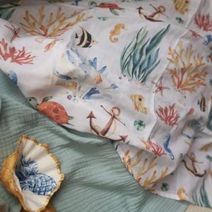 Faixa para recém-nascido de verão, faixa orgânica para bebê com estampa de peixe, tecido de musselina Sea Life, faixa marinha para bebê, presente para bebê, gaze de musselina para aquário, unissex