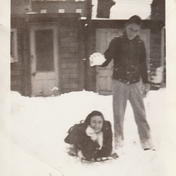 Don't Look Up! Funny Rascal Boyfriend Drops Snowball on Pretty Girlfriend 1940s - Vintage Original Photo