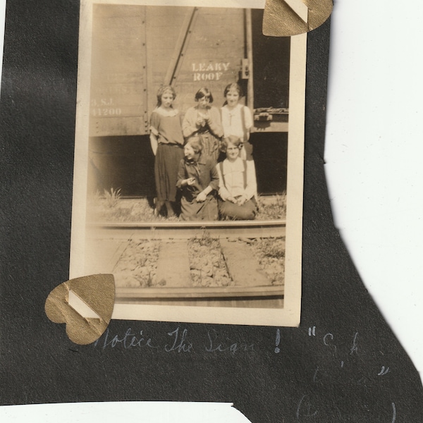 Notice the Sign?! Cute Flapper Girls Pose at Railroad Boxcar - 1920s - Vintage Original Photo Album Cut With Inscription
