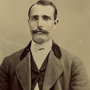 May include: A black and white portrait of a man with a mustache wearing a dark suit jacket with a velvet collar and a white shirt with a bow tie.