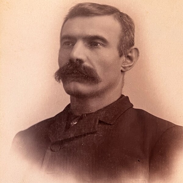 Stunning Stoic Man with Wyatt Earp Mustache! Gay Int. - Vintage/ Antique Original Cabinet Card Photo - Time Got Away From Us