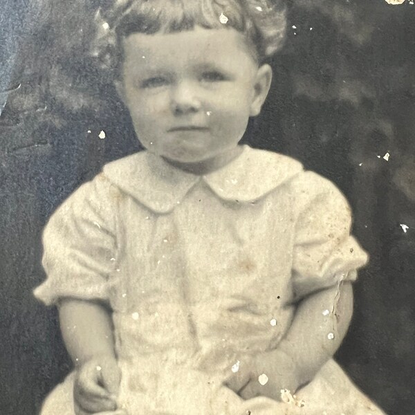 Fuzzy Head and Fluffy Dress! Cute Baby Looks Curious at Camera! - Antique/ Vintage Original Snapshot Photo - Time Got Away From Us