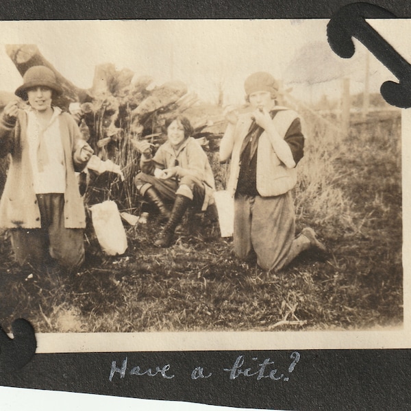 Have a Bite? Pretty Young Flapper Girls Eat Picnic - 1920s - Vintage Original Photo Album Cut With Inscription